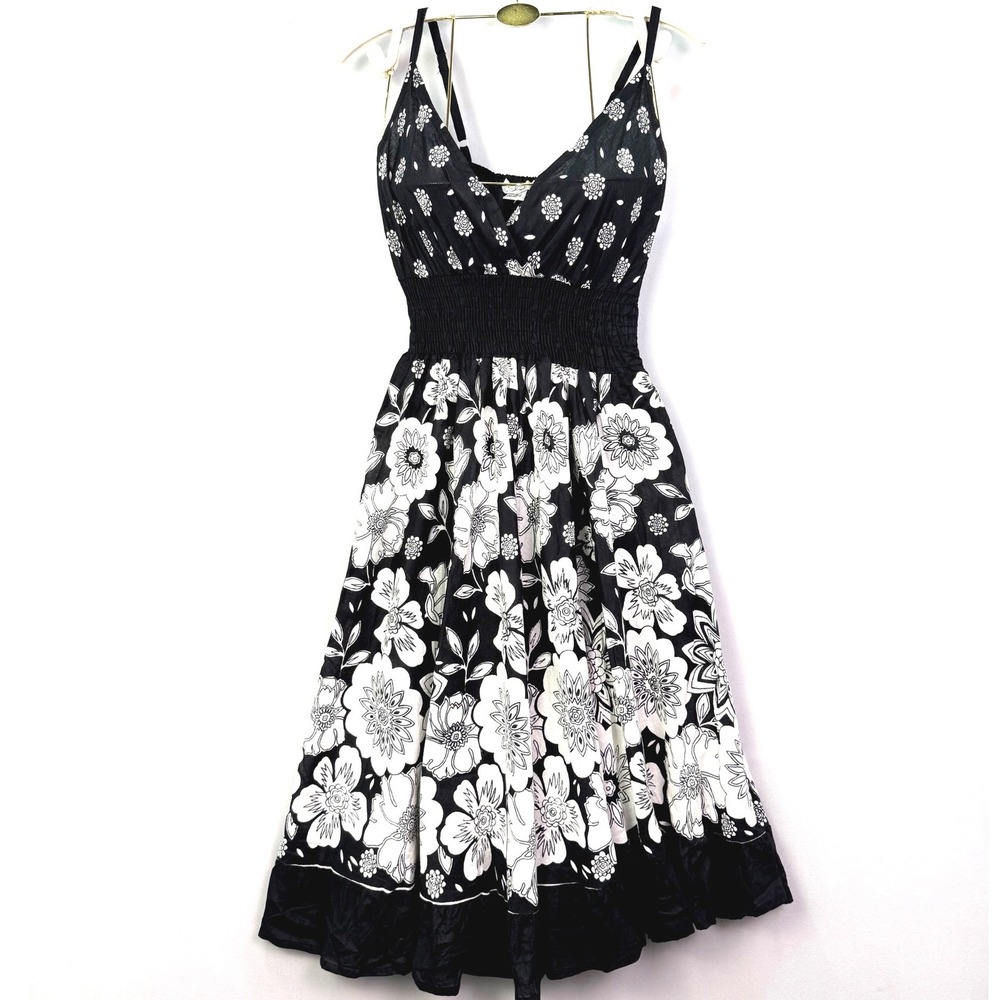 J Lee Black White Floral Cotton Midi Sun Dress Smocked Waist NWT Small